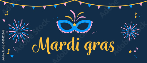 Illustration vectorielle pour Mardi Gras et le carnaval. Bannière illustrée avec guirlandes, illustrations, masque et feux d'artifices.