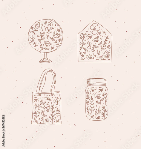 Icons globe, envelope, hand bag, jar of jam with flowers drawing on peach background