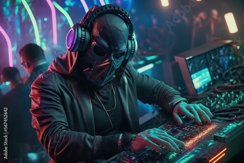 Abstract man with a neon face mask playing on a Modern DJ mixer table with speakers, a nightclub in background, Generative ai