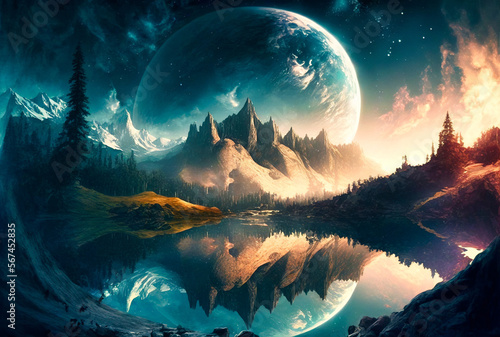 Fantasy landscape with mountains, lake and moon - beautiful sunlight - generative ai