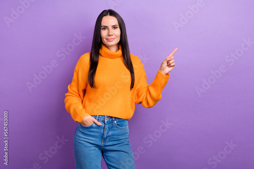 Photo of stunning lady indicate finger empty space ad proposition isolated on violet color background