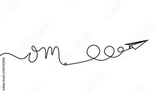 Sign of OM with paper plane as line drawing on the white background