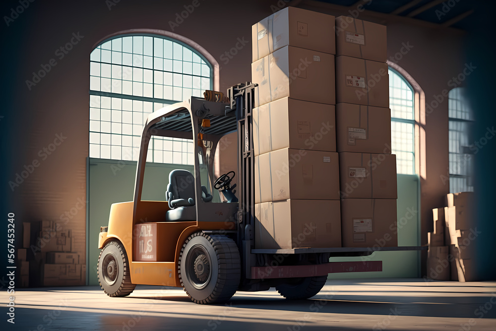 Forklift with box working in industrial Warehouse premises for storing materials and premise. Concept center of logistic storage. Generation AI