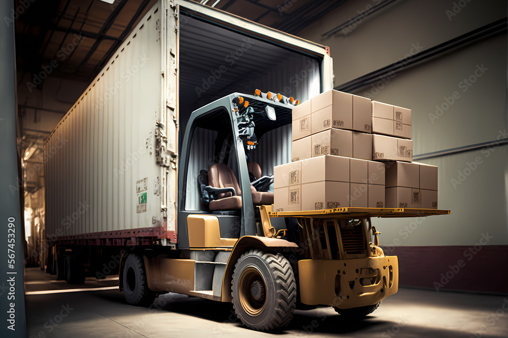 Forklift with box containers working in Warehouse industrial premises for storing materials and wood. Concept logistics, transport. Generation AI