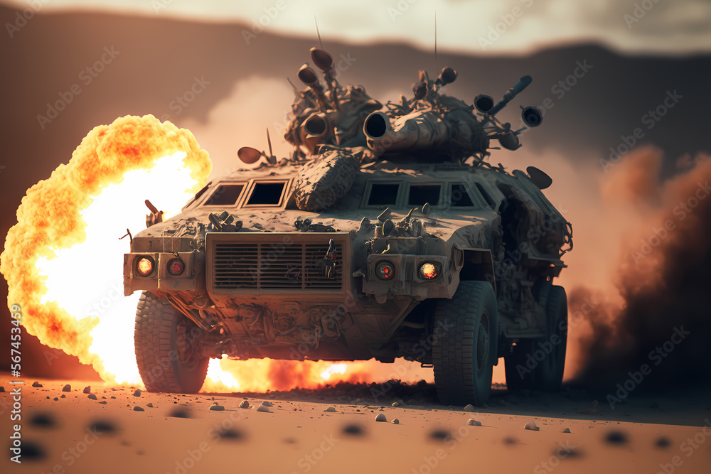 Fototapeta premium War battle accident with transport hit by mine or rocket. Burning falling military car with solders. Generation AI