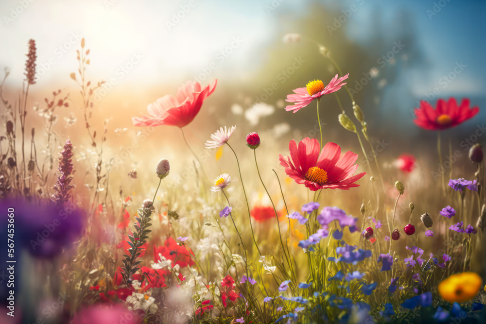 Wild flower meadow in spring. Generative AI. - obrazy, fototapety, plakaty 