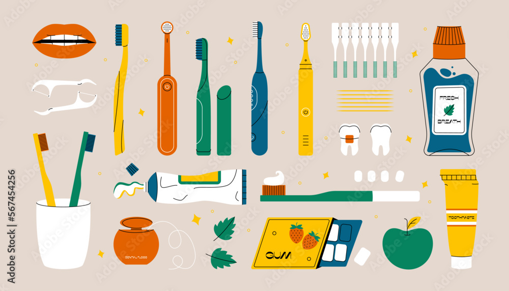 Mouth cleaning tools. Dental care equipment toothpaste toothbrush