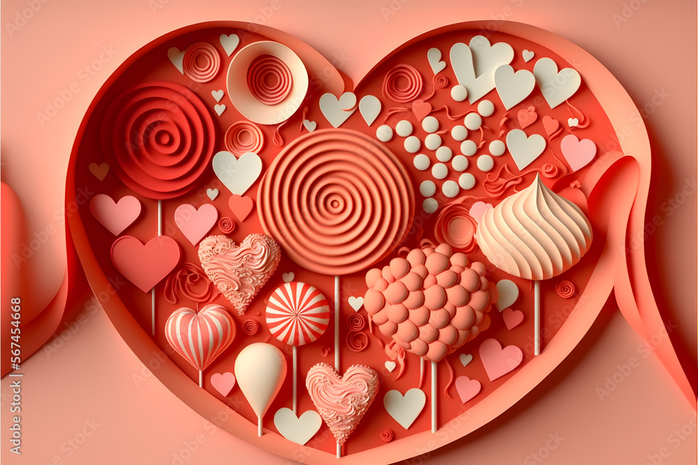 Fototapeta premium Valentines Day. Red white hearts paper cut style and dessert, candy on coral. Happy holidays made with Generative AI technology