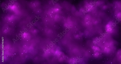 Pink magic smoke, colorful fog with sparkles, glowing neon clouds, mistery background with particles, universe atmosphere with starlight. Vector illustration.