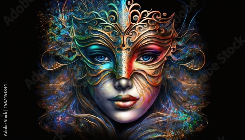 Woman in Carnival Mask, Mardi Gras celebration illustration generative ai