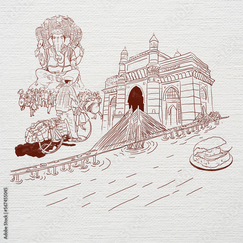 Mumbai city Line art Background India Maharashtra Metro city . illustration artwork . photo