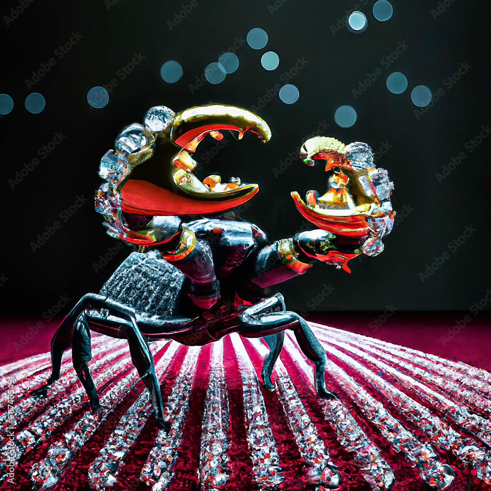 Scorpion wearing diamonds walks along glitzy red carpet at an awards