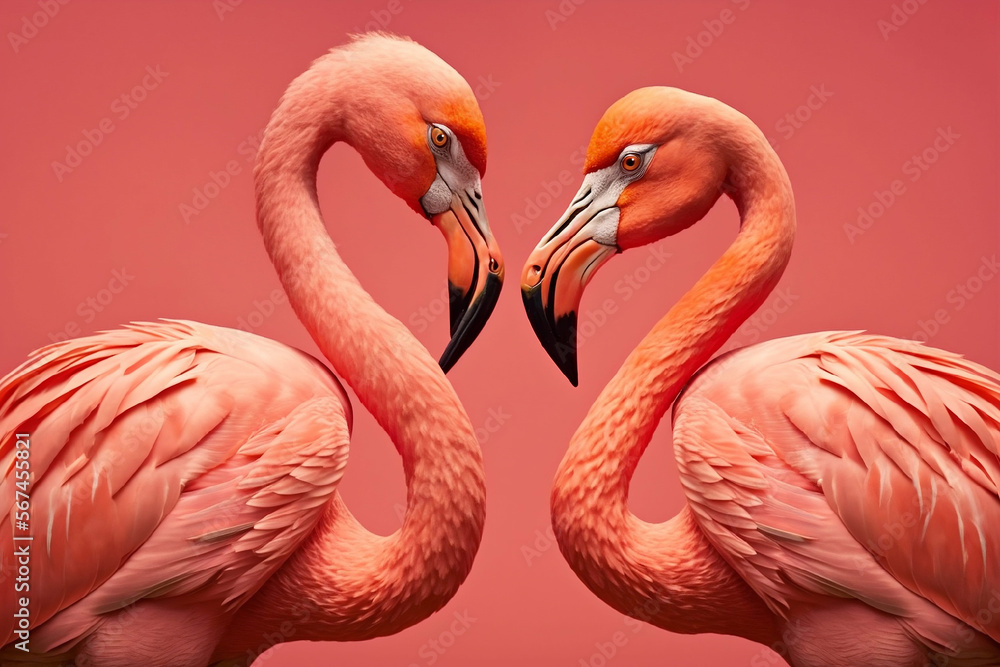 Obraz premium couple de flamants roses sur fond rose - illustration ia