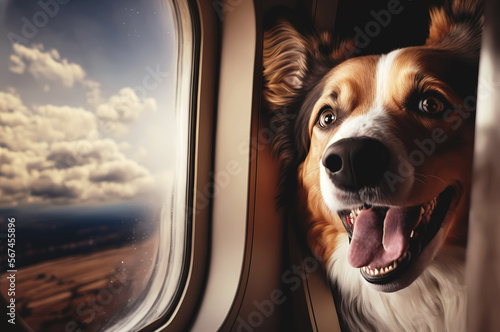 Happy Taveler dog tourist fly on airplane. Concept trip with pet animal. Generation AI