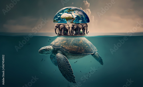 Mythology theory structure of world. Turtle carrying elephants that carries Earth upon their backs. Generation AI