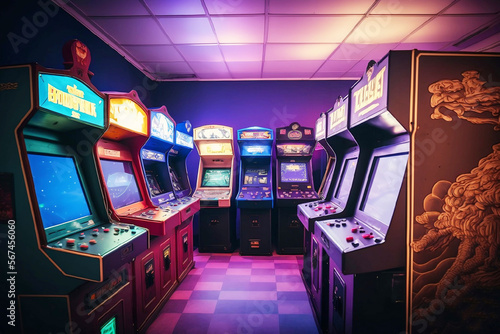 salle remplie de borne d'arcade, années 80 - 90 - illustration ia photo