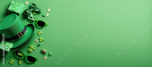 St. Patrick s Day background. Top view of gift boxes  clover  lucky hat  golden coins and glasses. Holiday banner  web poster  flyer  brochure  greeting card  cover with copy space. digital ai art 