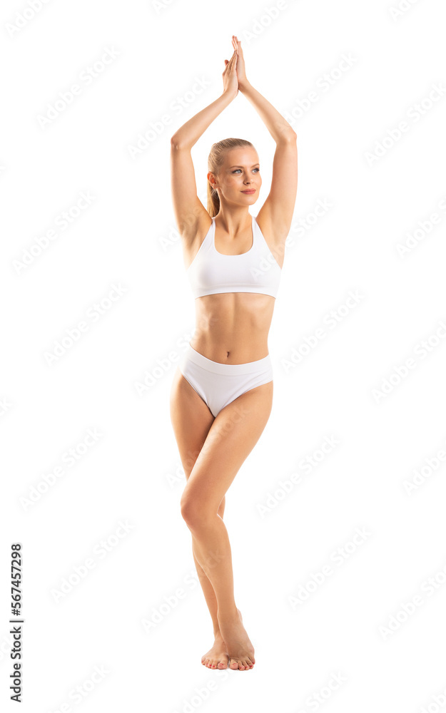 Young, fit and beautiful blond woman in white swimsuit isolated on grey background. Healthcare, diet, sport and fitness concept. Young, fit and beautiful blond woman in white swimsuit isolated on grey background. Healthcare, diet, sport and fitness concept.