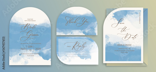 Wedding Arch Invitation cards Navy blue Watercolor style collection design. Watercolor Texture Background, brochure, invitation template. © ku4erashka