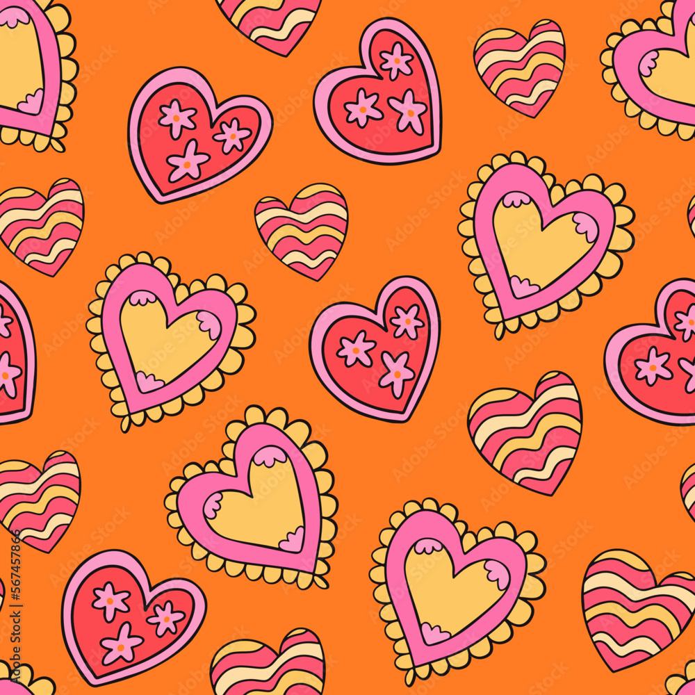 Vibrant psychedelic retro vibe 70s pattern with romantic hearts. Decorative colorful vintage pattern and wallpaper for Valentine's day Vibrant psychedelic retro vibe 70s pattern with romantic hearts. Decorative colorful vintage pattern and wallpaper for Valentine's day
