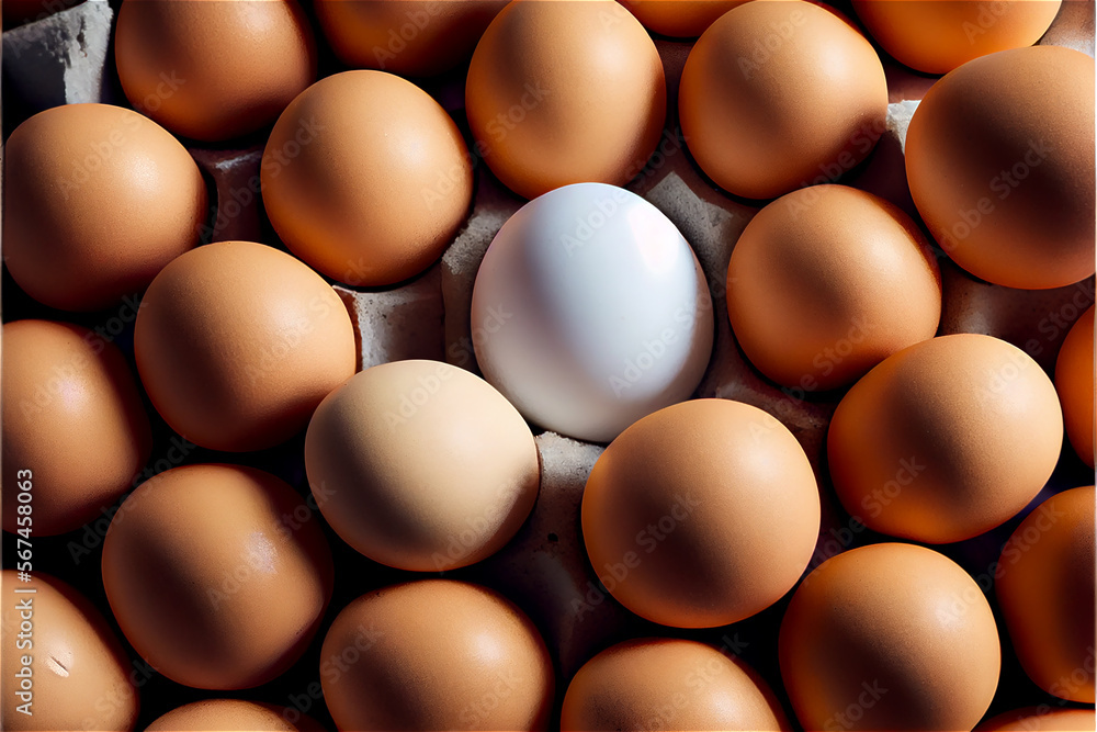 Group of brown eggs, with a white one in the middle, generative ai Group of brown eggs, with a white one in the middle, generative ai