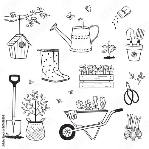 Foto Set of spring gardening design elements in doodle style