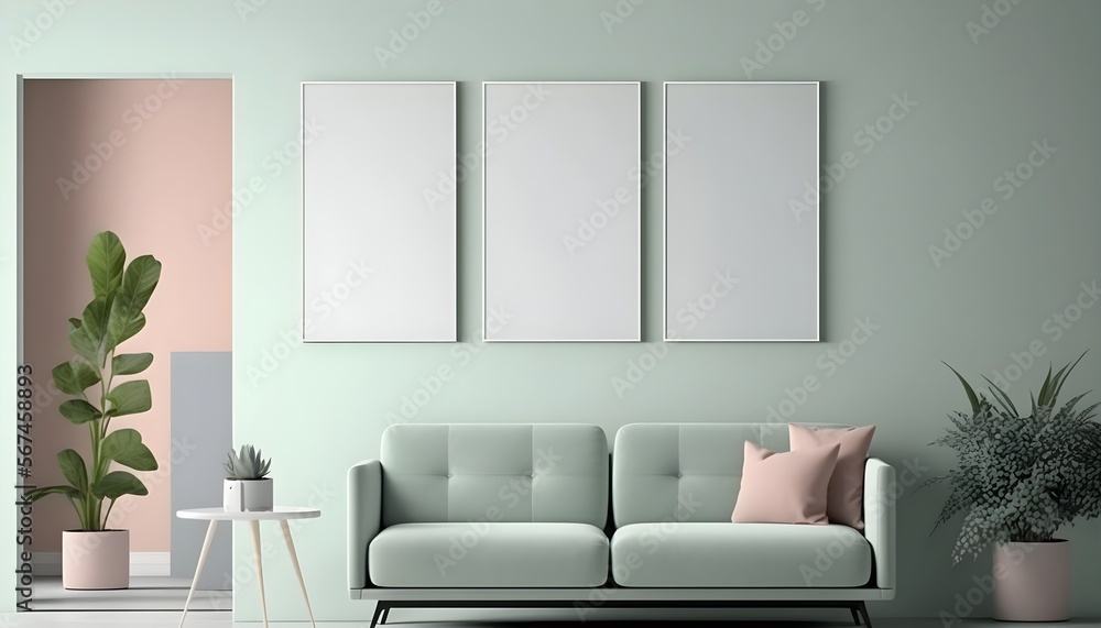 Minimalistisches Wandkunstmodell, generative ai, Innenraum mit Sofa und Möbeln, leere Plakatrahmenvorlage Minimalistisches Wandkunstmodell, generative ai, Innenraum mit Sofa und Möbeln, leere Plakatrahmenvorlage