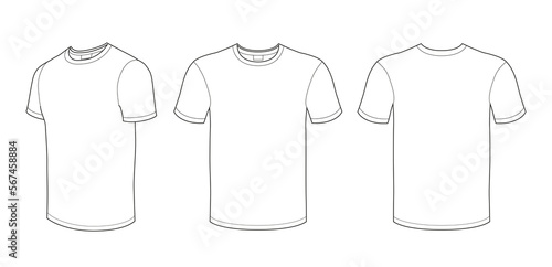 Men's white blank T-shirt template technical drawing (front-face, back and side-full face angle) vector mock up shape for your print design.