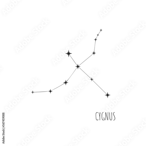 Simple constellation scheme Cygnus, Big Dipper. Doodle, sketch, drawn style, set of linear icons of all 88 constellations. Isolated on white background