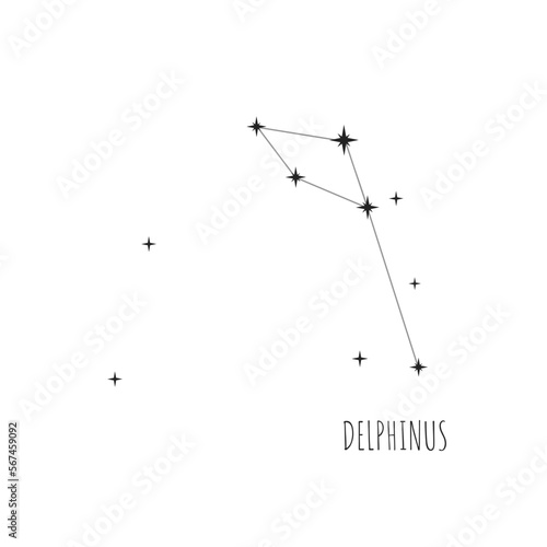 Simple constellation scheme Delphinus.   Doodle, sketch, drawn style. Constellation Delphinus scheme collection. Stars on white background