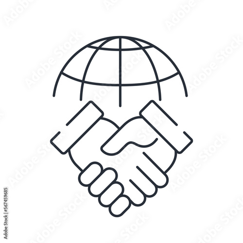 Globe and handshake. International treaty, contract.Vector linear icon isolated on white background.