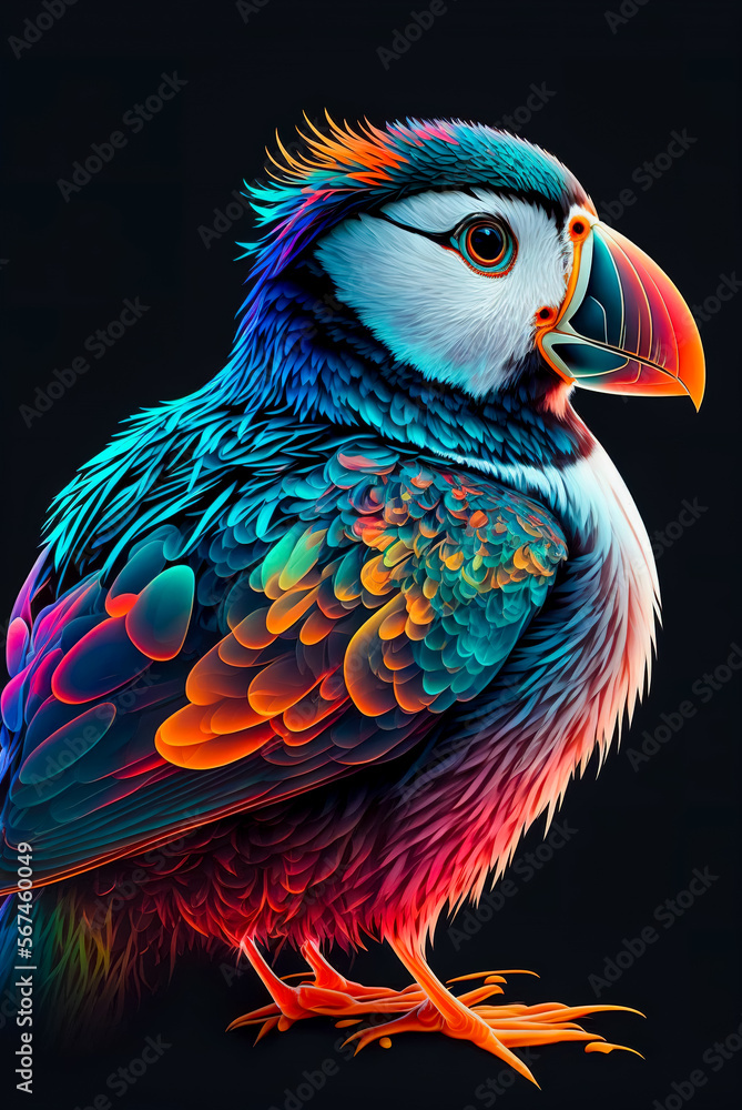 Obraz premium Colorful puffin on black background. Colorful bird illustration. Generative AI