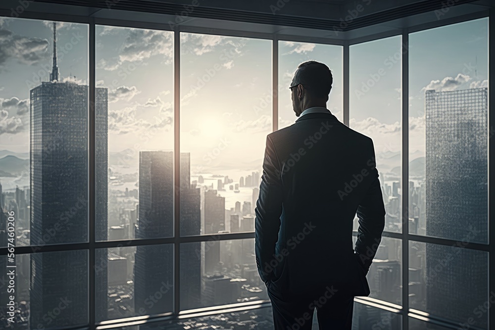 a business man stands in front of a huge window on the top floor of a skyscraper and looks at the morning sunny city a business man stands in front of a huge window on the top floor of a skyscraper and looks at the morning sunny city