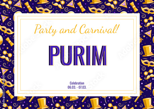 Purim announcement poster with copy space for text, vector banner, advertising, announcement of an event, holiday invitation with golden seamless pattern.