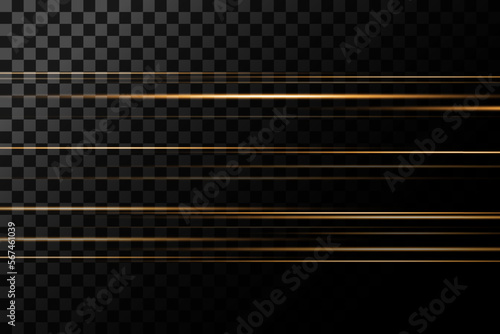 Pack of golden bright horizontal highlights, rays, lines on a transparent background. Laser beams, horizontal light beams.
