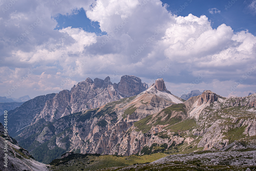  Sesto/Sexten Dolomites mountain group with Torre dei Scarperi, Monte Rudo and Crode dei Rondoi mountains as seen from Locatelli refuge, Trentino Alto Adige, Belluno, Bolzano, South Tyrol, Italy