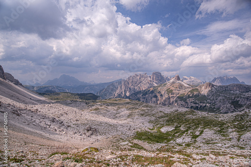 Sesto/Sexten Dolomites mountain group with Torre dei Scarperi, Monte Rudo and Crode dei Rondoi mountains as seen from Locatelli refuge, Trentino Alto Adige, Belluno, Bolzano, South Tyrol, Italy photo