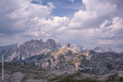 Sesto/Sexten Dolomites mountain group with Torre dei Scarperi, Monte Rudo and Crode dei Rondoi mountains as seen from Locatelli refuge, Trentino Alto Adige, Belluno, Bolzano, South Tyrol, Italy