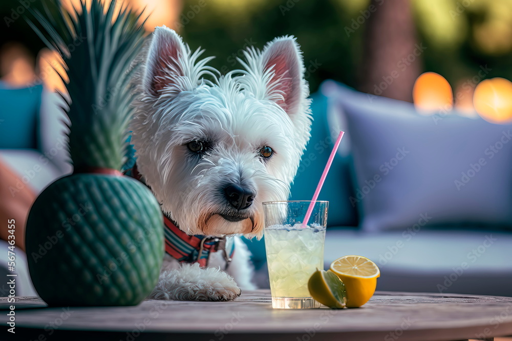 West highland white terrier on summer vacation with cocktail  Generative AI - obrazy, fototapety, plakaty 