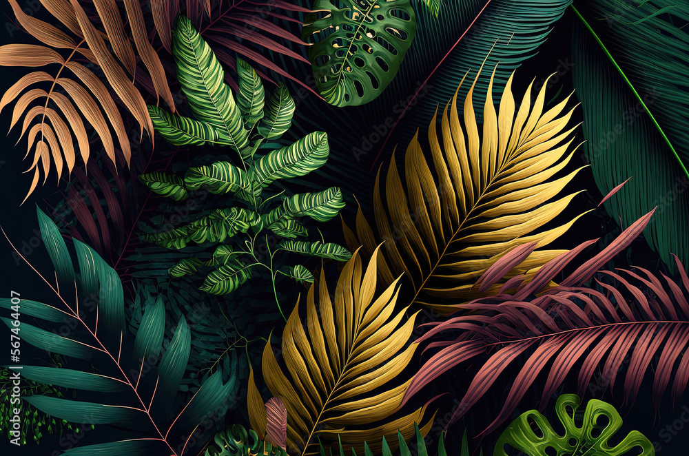 Fototapeta premium Generative AI background illustration Colorful tropical palm leaves