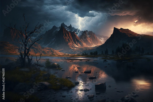 Dramatic Landscape Illustration with cloudy skies and beautiful nature. Ai generated