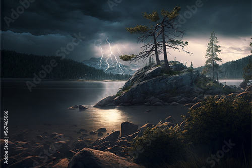 Dramatic Landscape Illustration with cloudy skies and beautiful nature. Ai generated © twindesigner