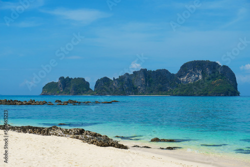 Tropical forest, sea coast, beach and sky. Phuket, Thailand. Traveling concept.