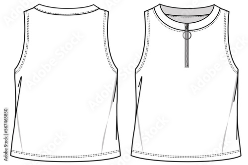 SLEEVELESS CREW NECK TOP WITH HALF ZIPPER DETAIL FOR  WOMEN AND TEEN GIRLS IN EDITABLE VECTOR FILE