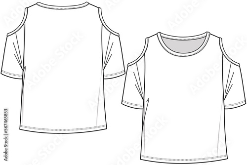 CREW NECK KNIT TOP WITH COLD SHOULDER DETAIL FOR YOUNG WOMEN AND TEEN GIRLS IN VECTOR FILE