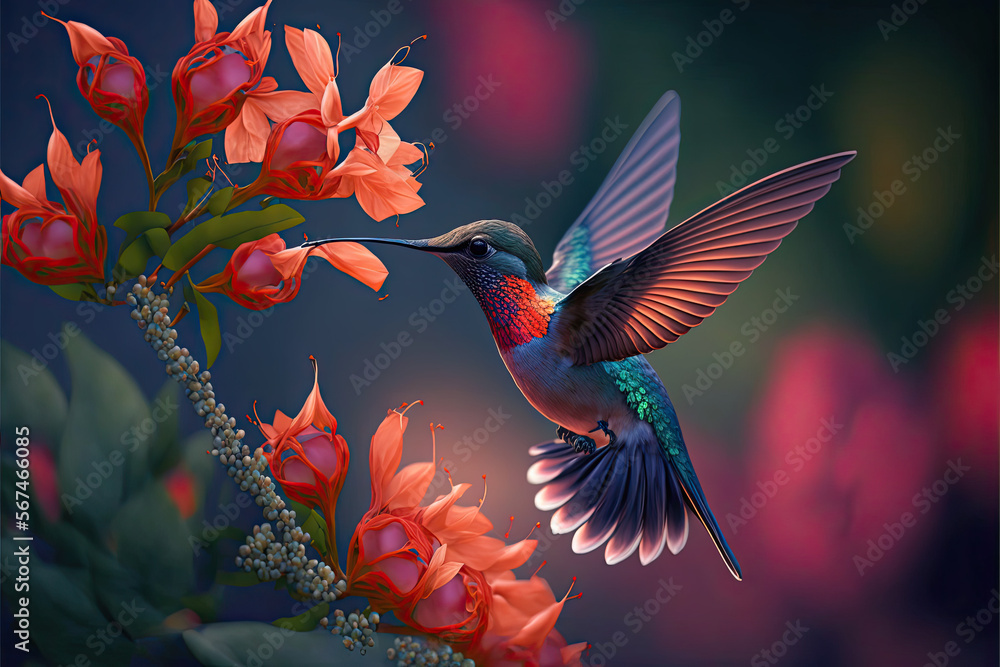 Fototapeta premium Hummingbird flying next to beautiful flower