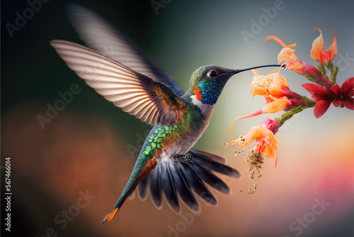 Hummingbird flying next to beautiful flower © DarkKnight