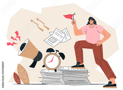 Office work management, todo list and tasks priority, flat cartoon vector illustration isolated on white background. Business woman planning her work and organizing workflow.
