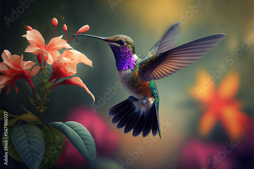 Hummingbird flying next to beautiful flower © DarkKnight