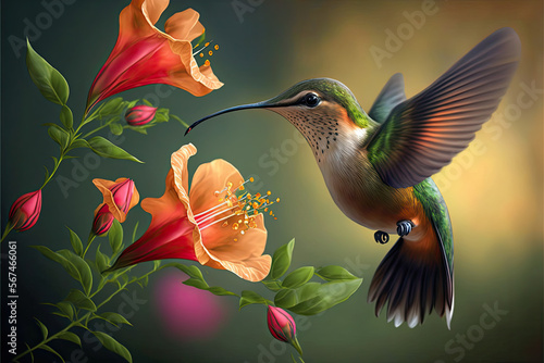 Hummingbird flying next to beautiful flower